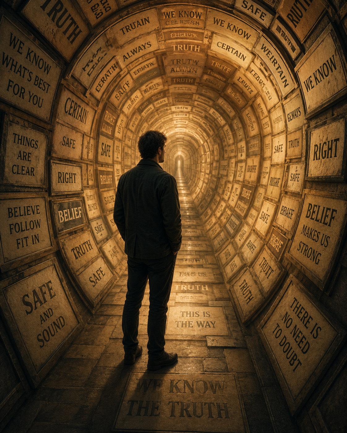 A person inside a tunnel of repeated ideas, representing meaning and expectation